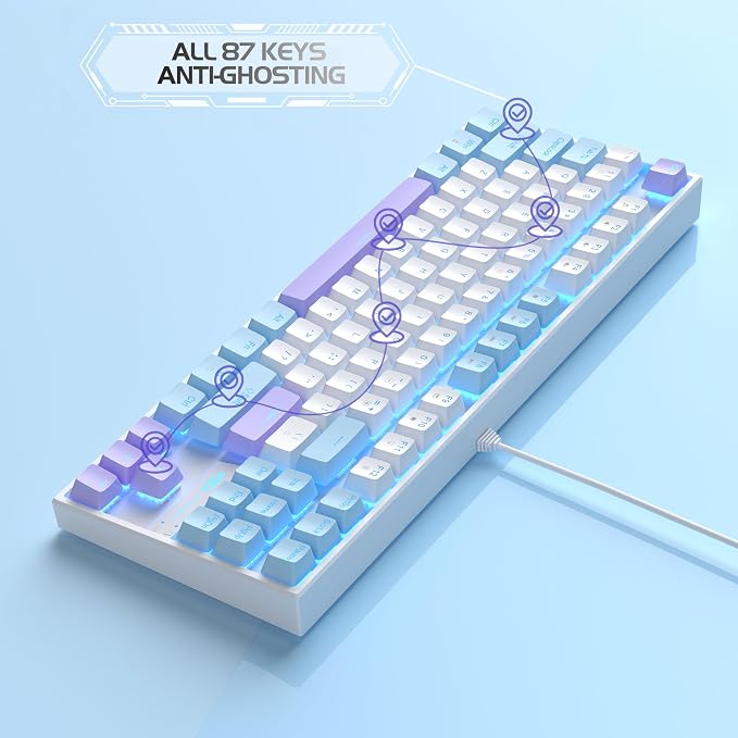 MageGee 75% Mechanical Gaming Keyboard, Red Switch, LED Blue Backlit, 87 Keys Compact TKL Wired Keyboards for Windows Laptop PC Gamer - White/Blue - Image 5