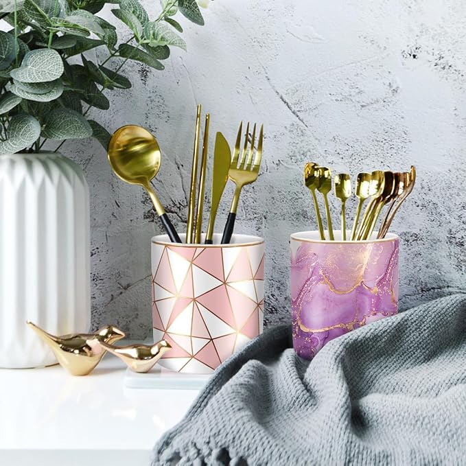 Pen Holder for Desk, Cute Ceramic Pencil Holder, Pen Cup Marker Holder Makeup Brush Holders, Desk Accessories & Workspace Organizers for Home, Office, Purple Marble - Image 6
