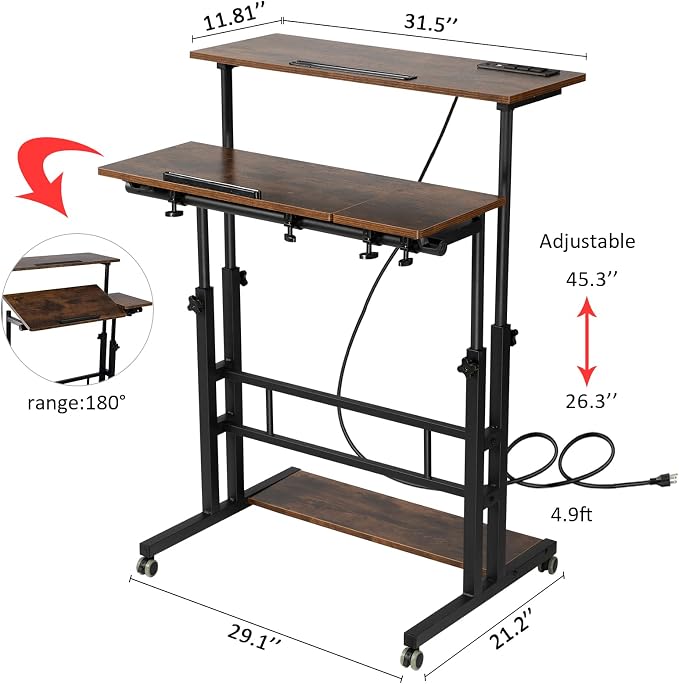 Hadulcet Mobile Standing Desk Adjustable Height, Rolling Desk Stand Up Desk, Mobile Laptop Desk, Rolling Computer Desk with Charging Station, Portable Desk with Wheels, Rustic Brown - Image 9