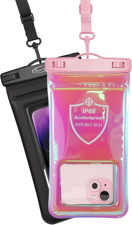 AiRunTech XL Waterproof Phone Pouch,Double Seal Floating Phone Case for Swimming Kayak Paddle Board,Protector iPhone 17 16 15 14 13, River Lake Canoe Boating Beach Accessories(Iridescent Pink+Black) by AiRunTech