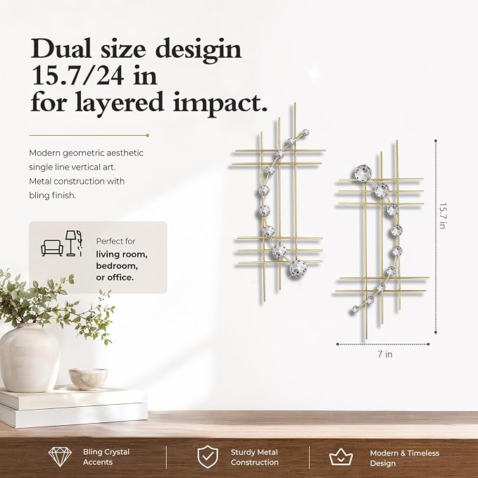 ZEXUIRU 2 Pcs Abstract Metal Art for Wall Decor Living Room Bedroom Bathroom Office Metal Bling Modern Geometric Hanging Vertical Small Iron Sculpture Plaque Pack -Gold 15.7in - Image 3