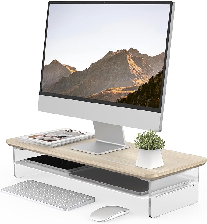 Fenge 23.6" Monitor Stand with Clear Acrylic Legs, Oak | Clear acrylic, storage compartment, 2-tier home office monitor riser, wide large desktop shelf fit monitor/laptop/printer by Fenge