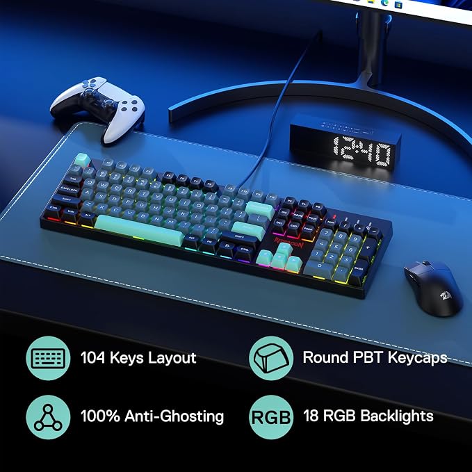Redragon K582 SE Wired RGB Mechanical Gaming Keyboard, 104-Key, PBT Keycaps | 16.8M Color Immersive eSports Lighting Vibe, Quiet Keystrokes w/ Sound-Absorbing Foam, N-Key Rollover, Customize Software - Image 2
