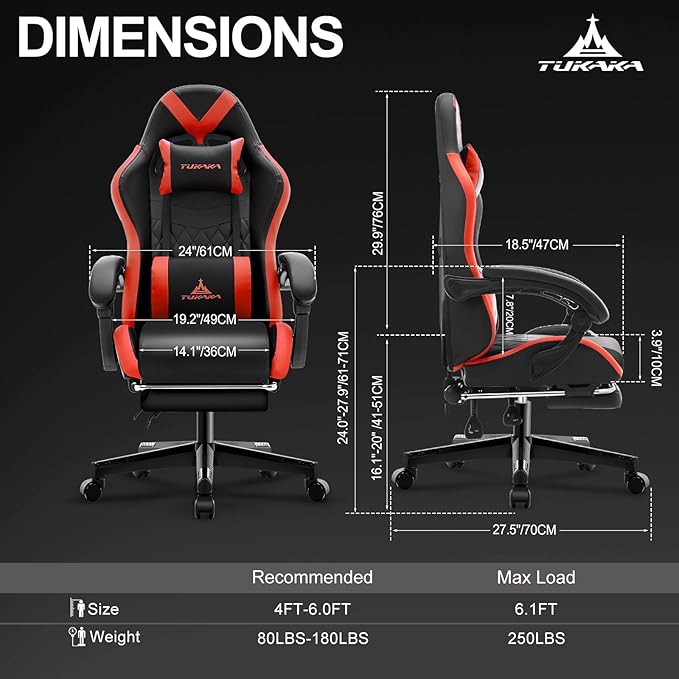 Gaming Chair,Ergonomic Massage Office Desk Chair with Footrest,Red | Pocket Spring Cushion,Reclining,Thick High Back,Headrest and Lumbar Support,Adjustable Leather Computer Chair Gamer Chair - Image 3