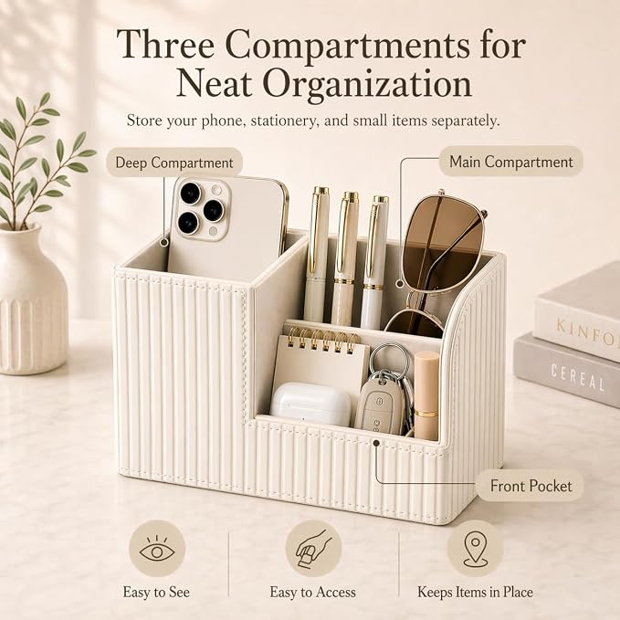KINGFOM Desk Pen Organizer Office Supplies Caddy Pu Leather Multi-function Storage Box Pen/Pencil,Cell phone, Business Name Cards Remote Control Holder (Ivory White) - Image 6