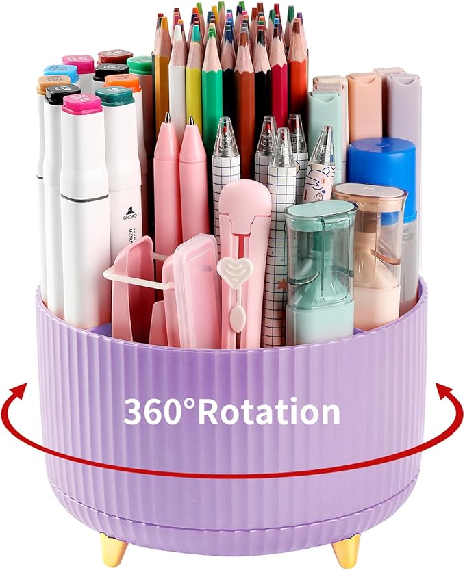 Desk Pencil Pen Holder, 5 Slots 360°Degree Rotating Pen Organizers for Desk, Desktop Storage Stationery Supplies Organizer, Cute Pencil Cup Pot for Office, School, Home, Art Supply, Purple by EDENMS