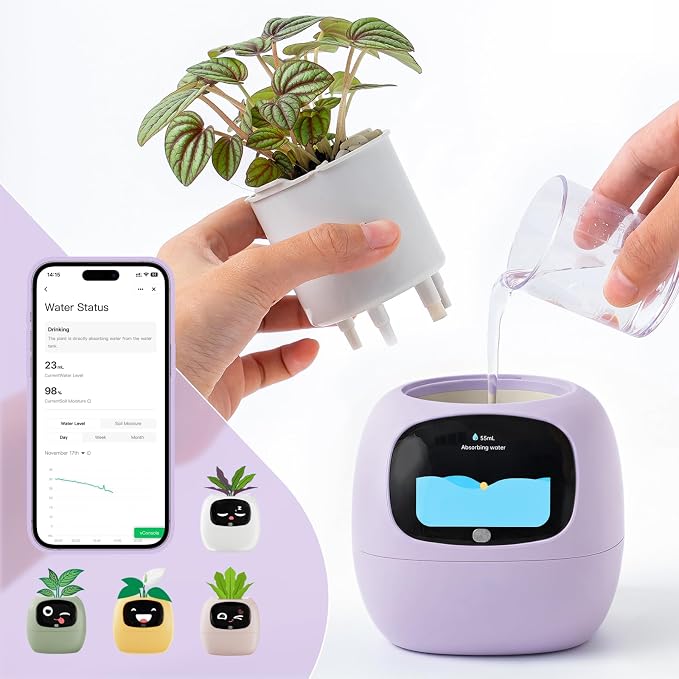 Smart Plant Pot with Visual Display – Soil Moisture, Water Level, Light & Battery Monitor, 80ml Self-Watering Reservoir, Supports 50+ Plants, Pomodoro Timer, Clock & Calendar (Purple) - Image 2