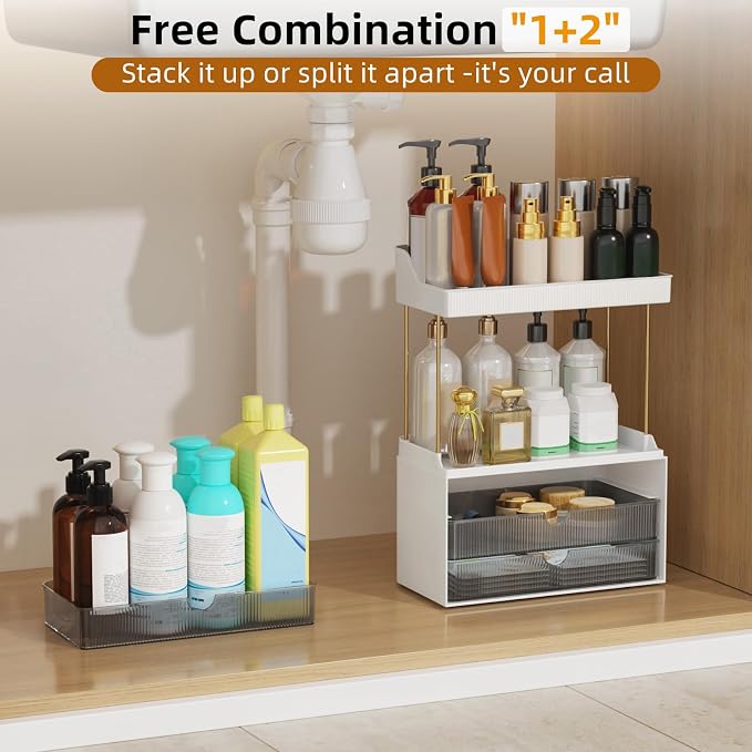 StorBin Arcylic 5-Tier Makeup & Skincare Organizer for Vanity, Bath | Smooth 3 drawers, clear body, gold frame, non-slip, for perfumes, serums, face masks, palettes, vanity & bath counter,Grey - Image 6