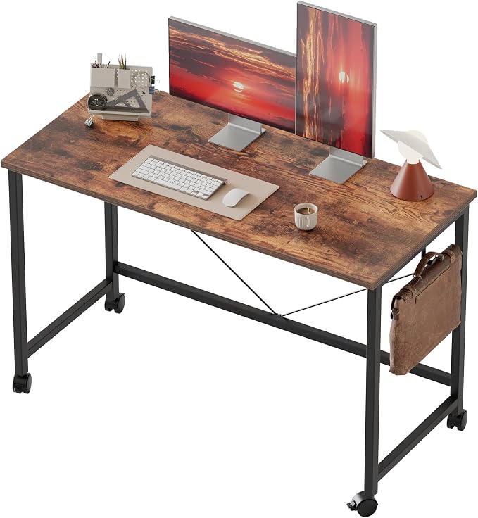 Mericonia 39x20 Inch Computer Desk with Wheels, Small Simple Rolling Desk | Writing Table for Home Office Bedroom Work Study, Brown by MERICONIA