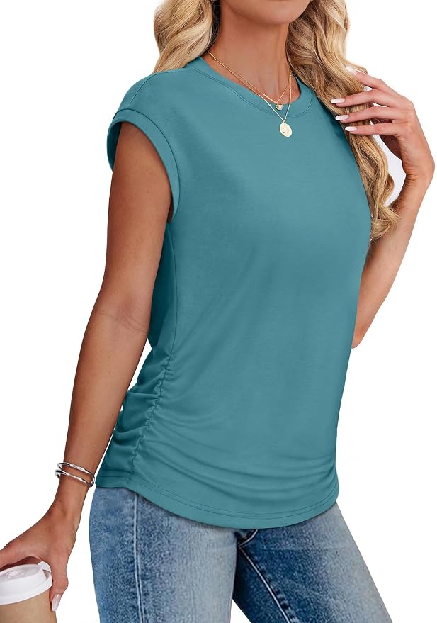 Sampeel Womens Summer Tops Trendy 2026 Ruched Cap Short Sleeve Tshirts Shirts Crew Neck T Shirts Fashion - Image 4