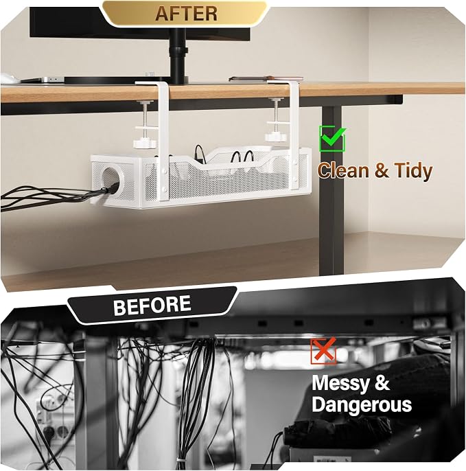 [Upgraded] 2 Pack Under Desk Cable Management Tray, Cinati Cord Organizers for Table Thickness up to 3", 16" Wire Organization with Clamp No Drill, Cable Management Box for Office - No Damage to Desk - Image 4