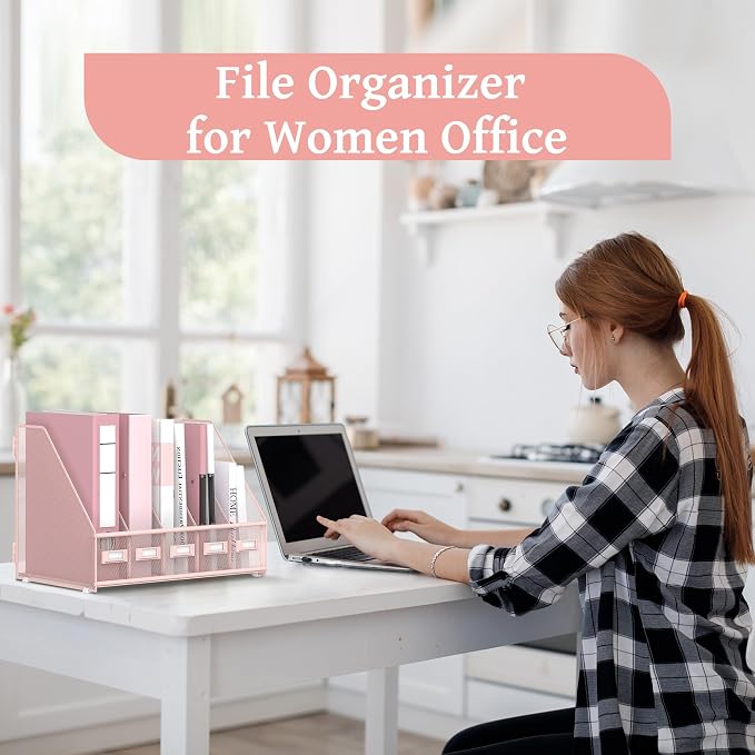 SUPEASY Desk Organizers Metal Desk Magazine File Holder with 5 Vertical Compartments Rack File Organizer for Office Desktop, Classroom, Home Workspace, Pink Plus - Image 7