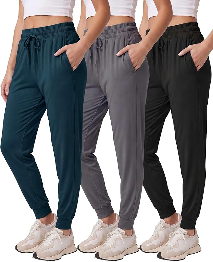 3 Pack Women's Lounge Joggers Sweatpant Active Athletic Yoga Workout Pocket | Available in Plus Size, Ladies Casual, Drawstring Gym Pants, Sleep Bottoms, Hiking, Running, Fitness, Exercise, Pajama, Soft by RealEssentials