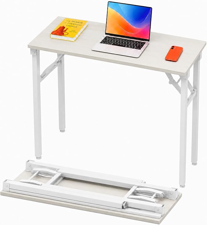 Folding Table Computer Desk - 35.8" No Assembly Folding Desk Design and Foldable Office Desk, Small Desk for Bedroom, Compact Storage Portable Use for Dorm and RV Small Space, White Ash by HMFOR