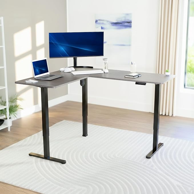 VIVO Dark Gray 63 x 55 in Corner Standing Desk, DESK-E3CTG | Electric, Reversible L-Shaped Table, Sit Stand, Height Adjustable, Memory Controller, Office Furniture Sets, Black Frame - Image 2