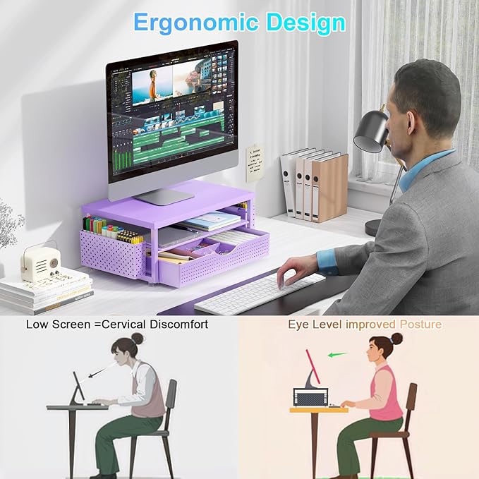 gianotter Desk Organizers and Accessories, Monitor Stand with Drawer and 2 Pen Holder, Desktop Organizer Suitable for Offices and Dormitories (Purple-Plain) - Image 3