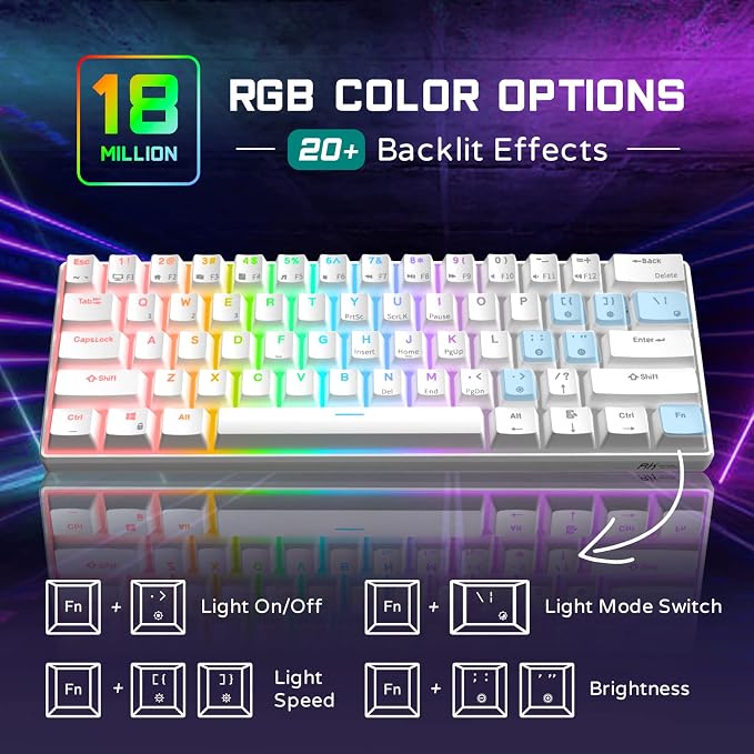 RK ROYAL KLUDGE RK61 Wired 60% Mechanical Gaming Keyboard, Compact PC Game Keyboards with QMK/VIA Programmable RGB Backlit, Hot Swappable Custom Keyboard for Win/Mac, Pre-lubed Red Switch, White - Image 3