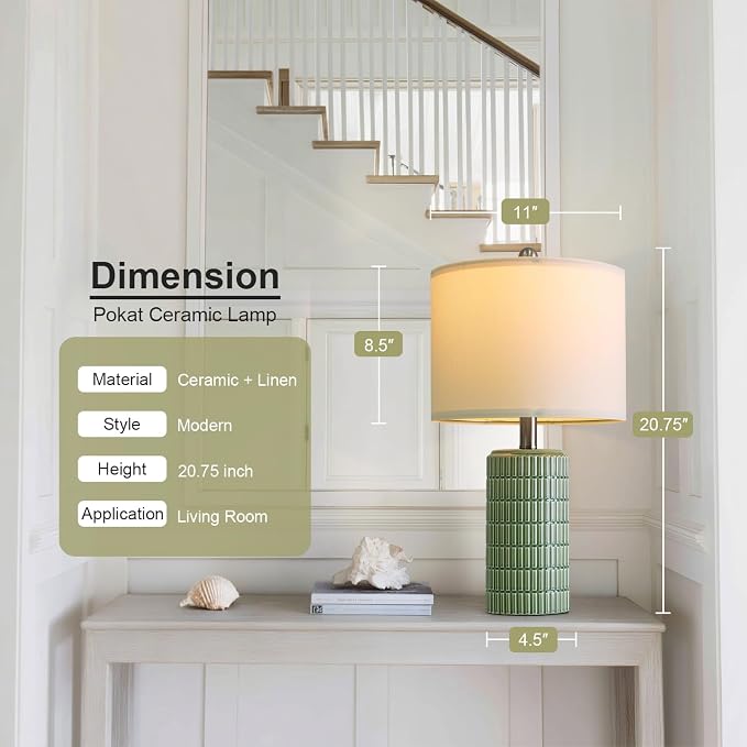 PoKat 20.75" Small Modern Ceramic Table Lamps Set of 2 for Bedroom, Green Bedside Lamps for Night Stands, Farmhouse House Decor Nightstand Table Lamps for Living Room End Table Green - Image 2