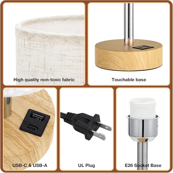Dicoool Bedside Table Lamp for Bedroom - 3-Way Dimmable Touch Lamp, USB A+C | LED Bulb Included, 14" Small Nightstand Lamp for Desk, Living Room, Guest Room, Cream Fabric Lampshade, Wood-Grain Metal Base - Image 6