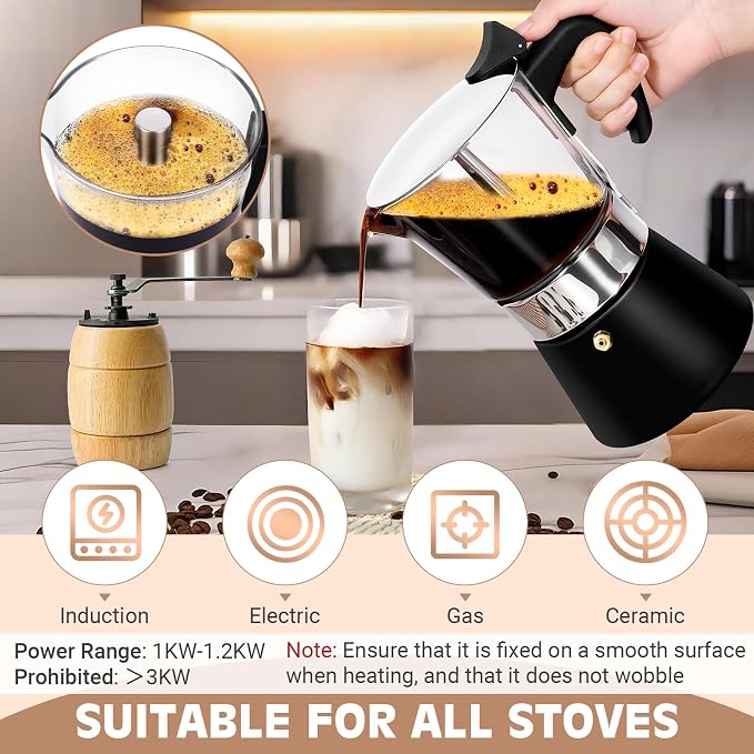 9 Cup 450ml Glass Moka Pot, Stovetop Espresso Maker, Black | Crystal Glass-top & Stainless Steel Coffee Maker, Induction Compatible, for Greca de Cafe, Cuban and Italian Coffee Brewing - Image 4