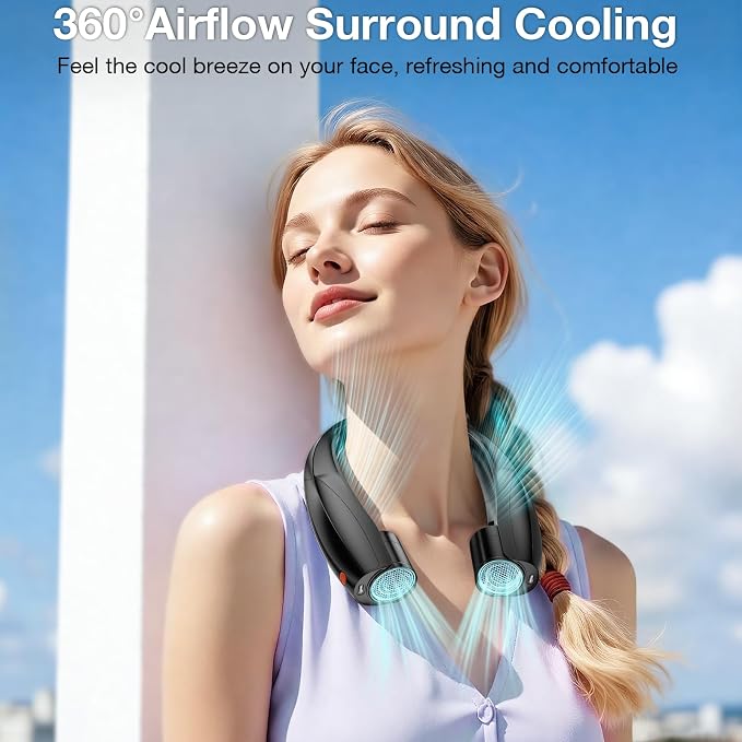 Portable Neck Fan, 6 Speeds Rechargeable Personal Fan with AI Chips, Hands-Free 360° Faster Cooling Wearable Fan, Ultra Quiet for Home, Office, Travel, Indoor, Outdoor - Black - Image 2