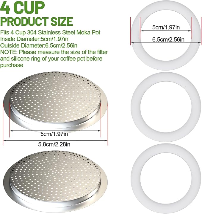 2 Pcs Filter with 3 Pcs Silicone Gasket Seals for 4 Cup Stovetop Espresso Coffee Maker Replacement Parts for 304 Stainless Steel Moka Pot - Image 2