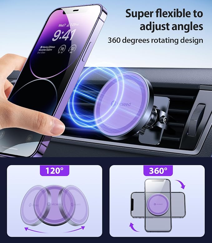 VICSEED for MagSafe Car Mount [Upgraded Strongest Magnet Power] Magnetic Phone Holder for Car Vent 360 Adjustable Magnetic Phone Mount for iPhone 17 Pro Max 16 15 14 13 12 Plus Mini, Purple - Image 6