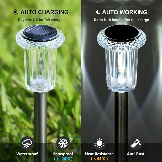 DenicMic Solar Pathway Lights Outdoor Waterproof Cold White LED 15 Pack | Yard Garden Driveway Walkway Landscape Path Lights, Starburst Pattern, Acrylic Diamond-like Lampshade Stainless Steel Pole - Image 3