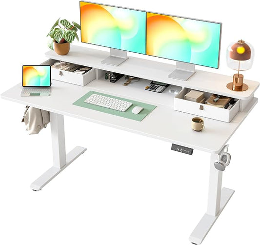 TIQLAB Standing Desk with Two Drawers, Stand Up Standing Desk Adjustable Height, Electric Sit Stand Table with Storage Shelf and Splice Board, 55 * 24 inch, White by TIQLAB