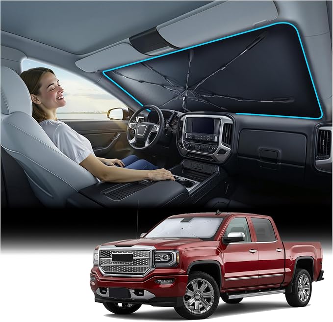 Nmoiss Windshield Sun Shade Umbrella for Sierra - [Vinyl Coating Heat Shield] Protect Car from Sun Rays & Heat Damage Keep Cool and Protect Interior, Spring Structure Edge by Nmoiss