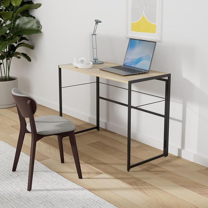 Furinno Riau No Tool/No Assembly/Folding Metal Frame Computer Desk, Sonoma Oak/Black, 39 Inch - Image 2