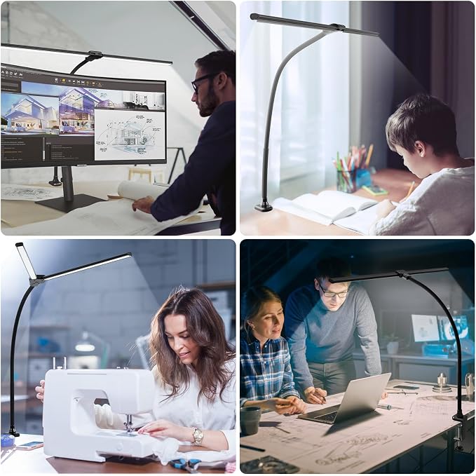 ShineTech LED Desk Lamp for Home Office, 5000K Bright Double Head Architect Task Lamps with Clamp, Dimmable Adjustable Flexible, Black - Image 5