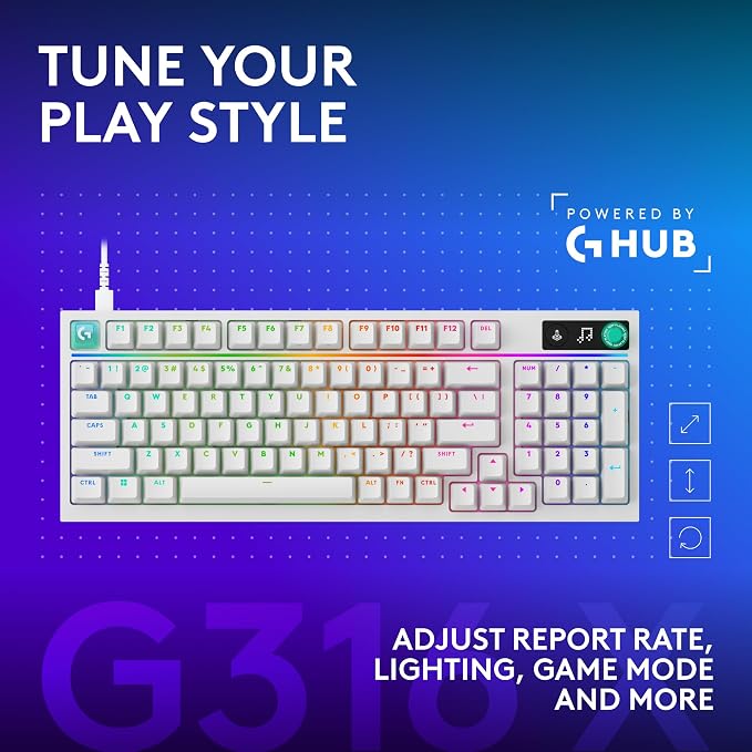 Logitech G316 X 98 MechanicalGaming Keyboard (Tactile) - White | Hot-Swappable Tactile Mechanical Switches, Gasket Design, PBT Keycaps, <8Khz, LIGHTSYNC RGB, Dot-Matxix LED Display, USB-C - Image 10
