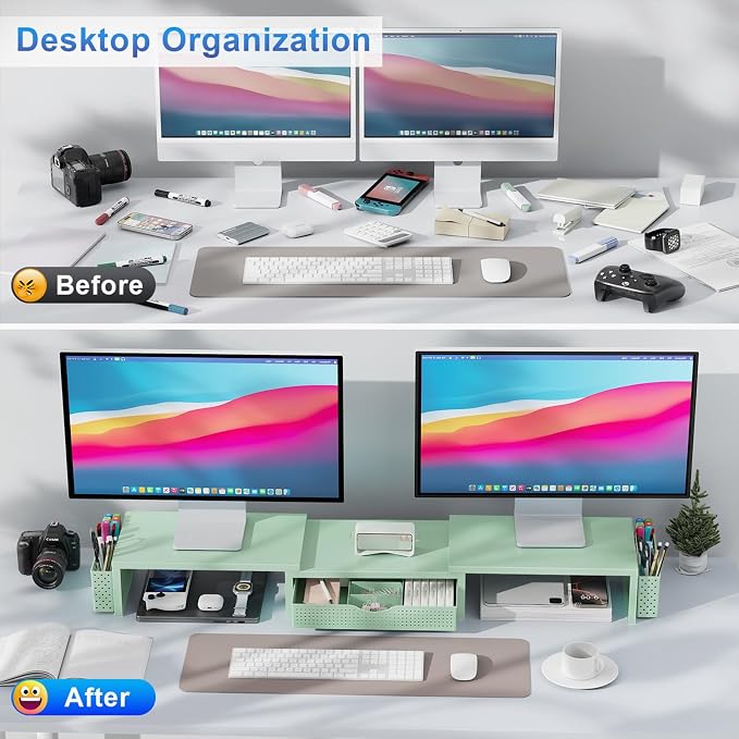 gianotter Dual Monitor Stand Riser, Desk Organizer With Drawer and 2 Pen Holders, Computer Monitor Stand, Desk Shelf for Top of Desk (Sage Green) - Image 2