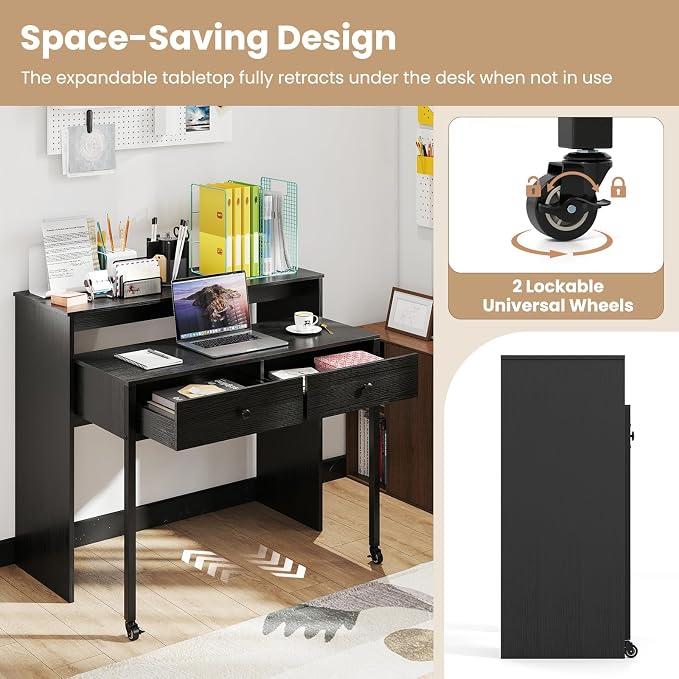Giantex Small Computer Desk with Hutch & Drawers, Extendable Writing Desk w/Pull Out Secondary Table, Monitor Stand & Rolling Wheels, Console Table, Compact Desk for Small Spaces, Home Office (Black) - Image 6