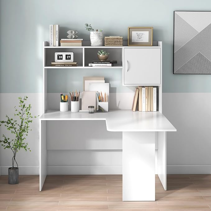 Tangkula L-Shaped Desk with Storage Hutch, Corner Computer Desk with Shelves & Cabinet, Modern Writing Study Table for Home Office, Laptop PC Workstation, White - Image 4