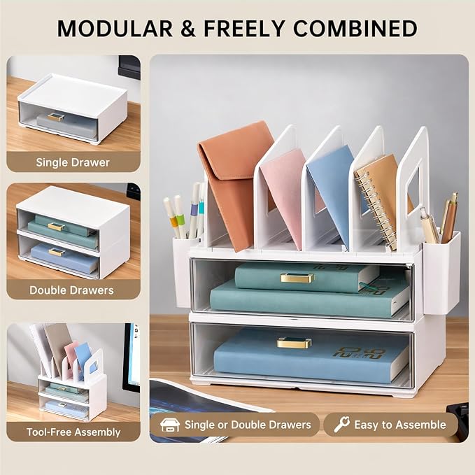 CiWiVOKi Desk Organizer with 4 File Slots and 2 Drawers, White | Desktop organizer with dual pen holders for storing files, mail, notebooks and office supplies in home or office use - Image 3