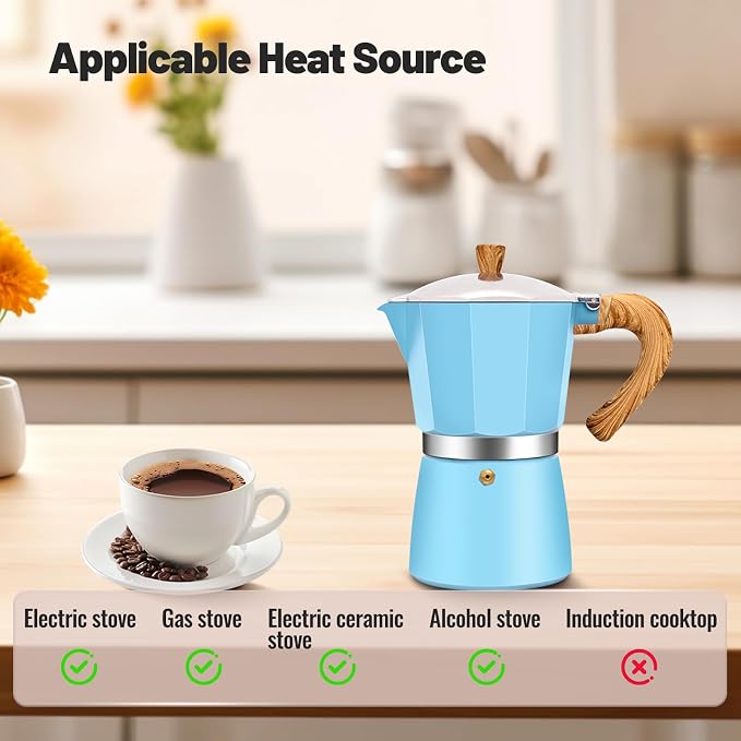 6 Cup Aluminum Moka Pot Classic Stovetop Espresso Coffee Maker 300ml 10oz Coffeemaker Percolator Mocha Pot Greca Coffee Maker Cafe Makers for Italian and Cuban Café Brewing Blue - Image 4
