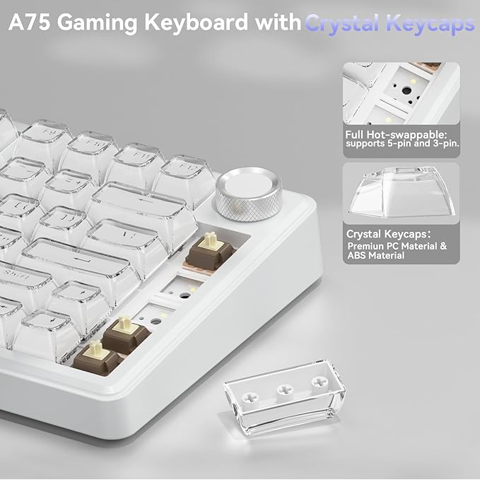 SOLAKAKA A75 Wireless Gaming Keyboard with Multifunction Knob, BT5.0/2.4GHz/USB-C, 75% Mechanical Keyboard, Hot-Swappable, Gasket Creamy Keyboard with RGB Backlit, Crystal Keycaps, for PC/Mac/PC - Image 4