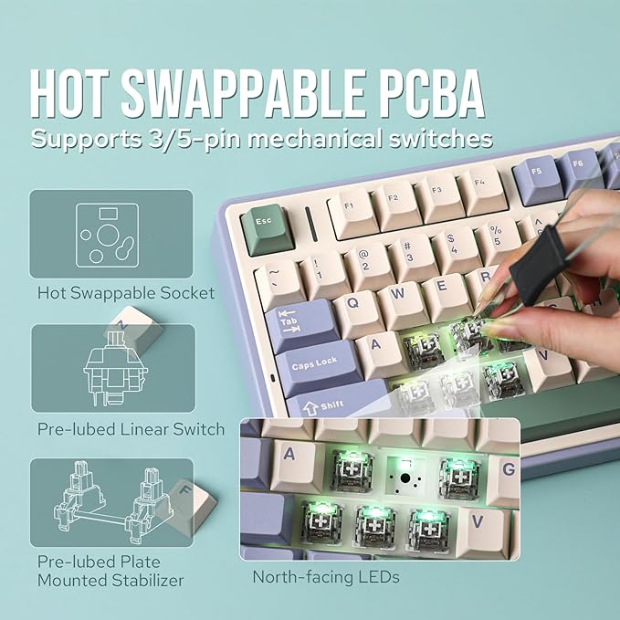 EPOMAKER x Aula F75 Gasket Mechanical Keyboard, 75% Wireless Hot Swappable Gaming Keyboard with Five-Layer Padding&Knob, BT/2.4GHz/USB-C, RGB (Green, LEOBOG Reaper Switch) - Image 4