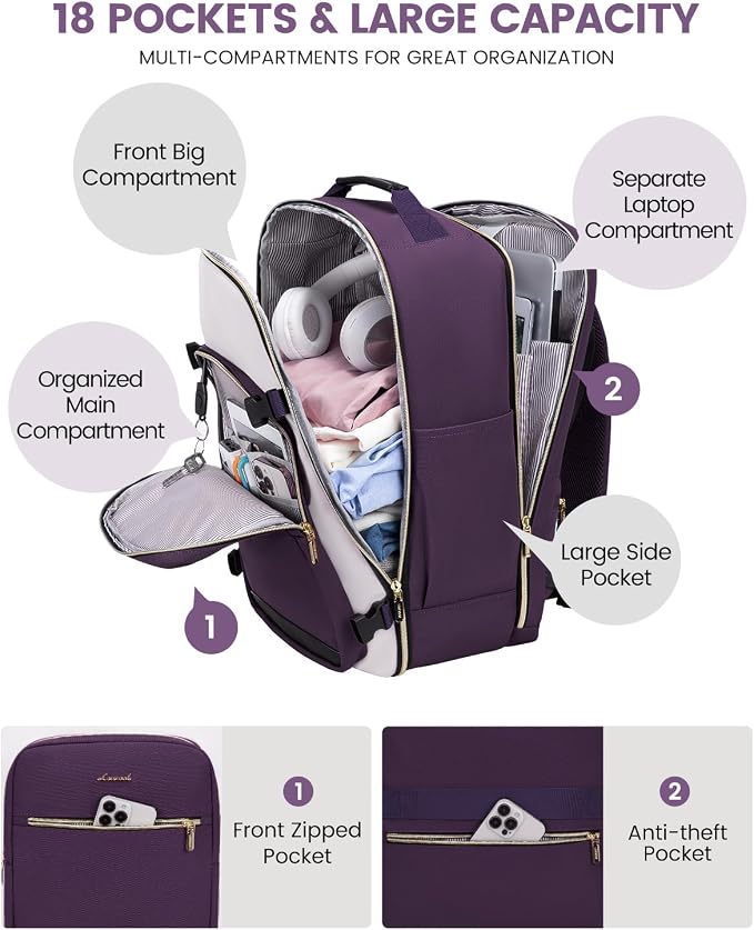 LOVEVOOK 40L Travel Backpack for Women & Men, Airline Approved Carry On Luggage with 3 Packing Cubes, TSA Overnight Bags, Waterproof Personal Item Bag, Weekender Essentials Backpacks fits 17" Laptop - Image 3