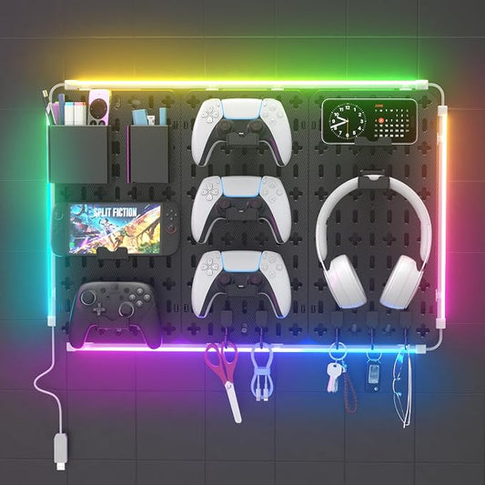 KDD 9 in 1 RGB Gaming Wall Organizer Peg Board - DIY Pegboard Combination Kit with Phone Stand/Pen Holder/Storage Box/Headset & Controller Holder/Hooks for Office & Home Gamer Room Decor Accessories by KDD