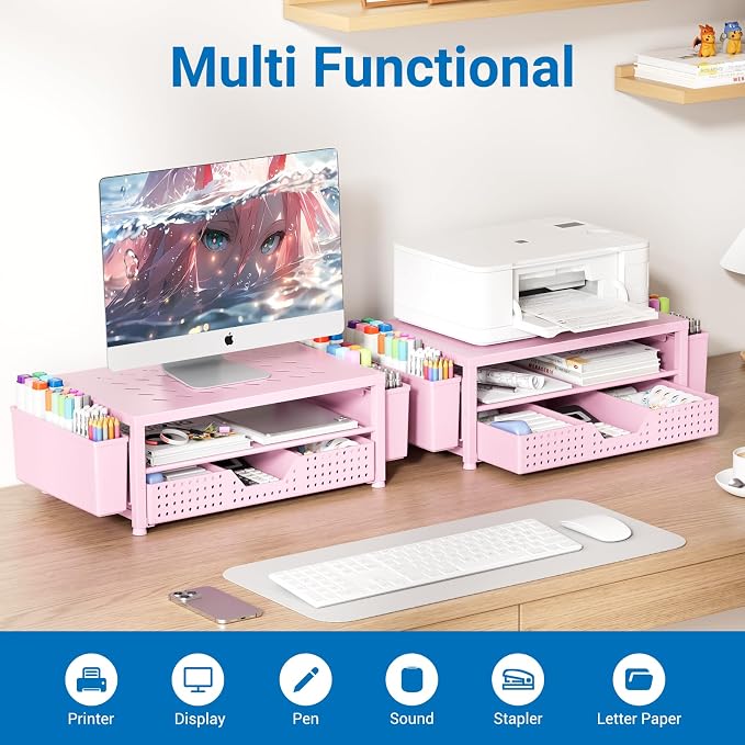 OPNICE Laptop Stand for Desk Organizer and Accessories, 2-Tier Computer Monitor Stand Riser with Drawer and 2 Pen Holders, Ventilated Perforated Steel Top, Office Desk Accessories for Home Office Supplies, Pink - Image 5