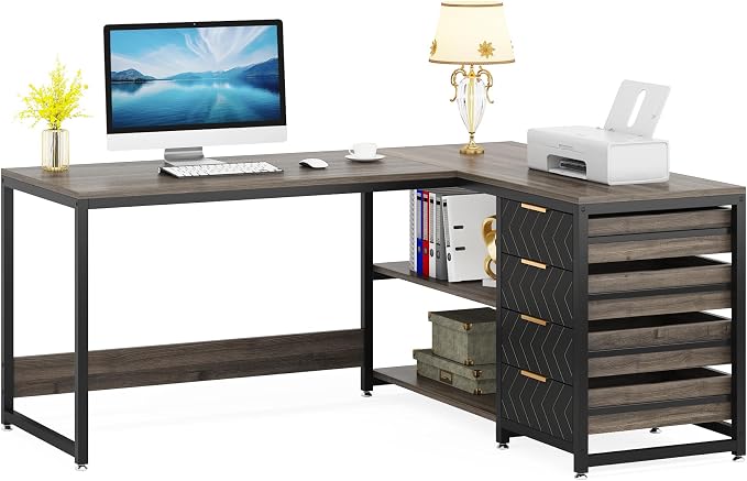 Tribesigns L Shaped Computer Desk with Storage Drawers, 59 inch Corner Desk with Shelves, Reversible L-Shaped Office Desk Writing Table Workstation for Home Office, Grey - Image 9