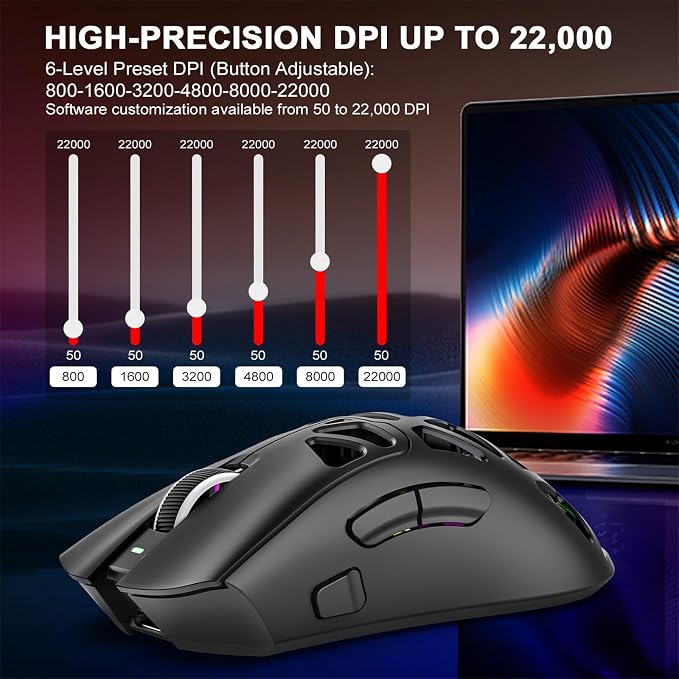 G11 Lightweight Wireless Gaming Mouse for FPS & Competitive Gaming, Tri-Mode Bluetooth 5.1/2.4GHz/USB-C, 22000 DPI RGB Mouse with Programmable Buttons for PC, Laptop & Mac (Black) - Image 4