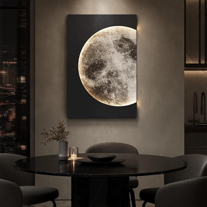 Large 3D LED Moon Wall Art, Modern Minimalist Backlit Lighted Lunar Artwork for Walls, Vertical Contemporary Black Textured Paintings for Living Room Bedroom Dining Room Hallway Entryway Wall Decor 24x36 In - Image 4