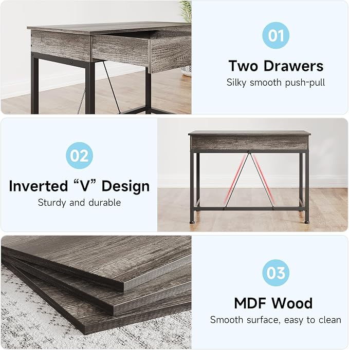 Mexin Small Desk with 2 Wooden Drawers, 40 Inch Home Office Writing Desk, Vanity Desk with Storage, Computer Desk for Bedroom Small Spaces, Table for Office, Work, Kids Study, Makeup, Gray Oak - Image 5