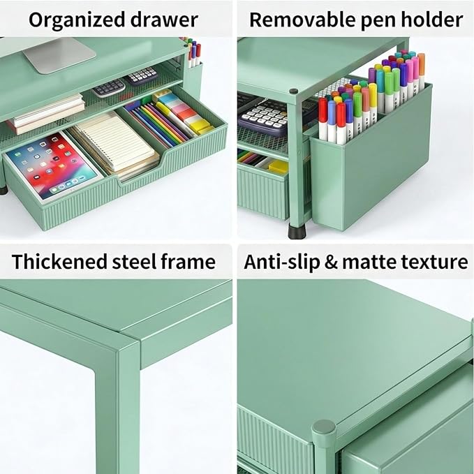 ECOLOVI Desk Organizer and Accessories, 2-Tier Computer Monitor Stand Rise with Storage Drawer & 2 Pen Holders, Laptop & Printer Stand for Desktop, Workspace Organizers for Office Supplies (Green) - Image 3