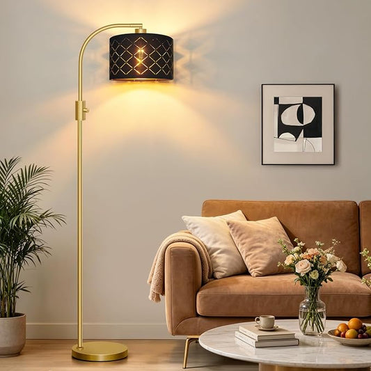 Nintiue Dimmable Floor Lamp, 1200 Lumens LED Edison Bulb Included, Arc Gold Floor Lamps for Living Room Modern Standing Lamp with Black Grid Shade by Nintiue