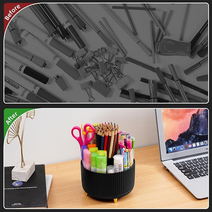 Marbrasse Desk Organizer, 360-Degree Rotating Pen Holder, Desk Organizers and Accessories with 5 Compartments Pencil Holder, Art Supply Storage Box Caddy for Office, Home (Black) - Image 7
